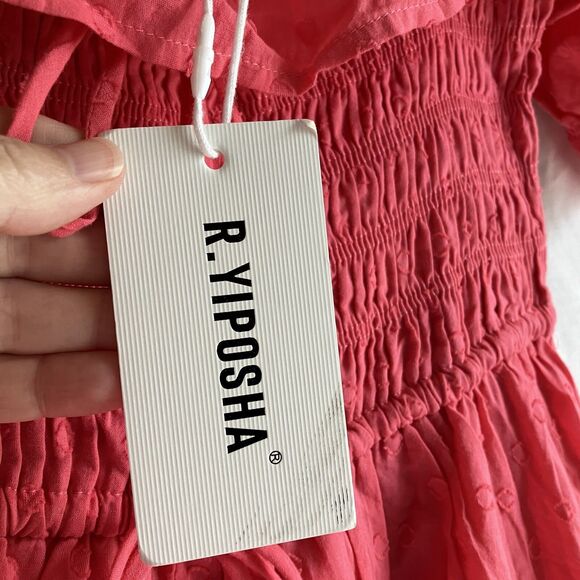 Maxi Dress Size 4 R. Yiposha Smocked Waist Salmon Pink Swiss Dots NWT - Picture 11 of 11